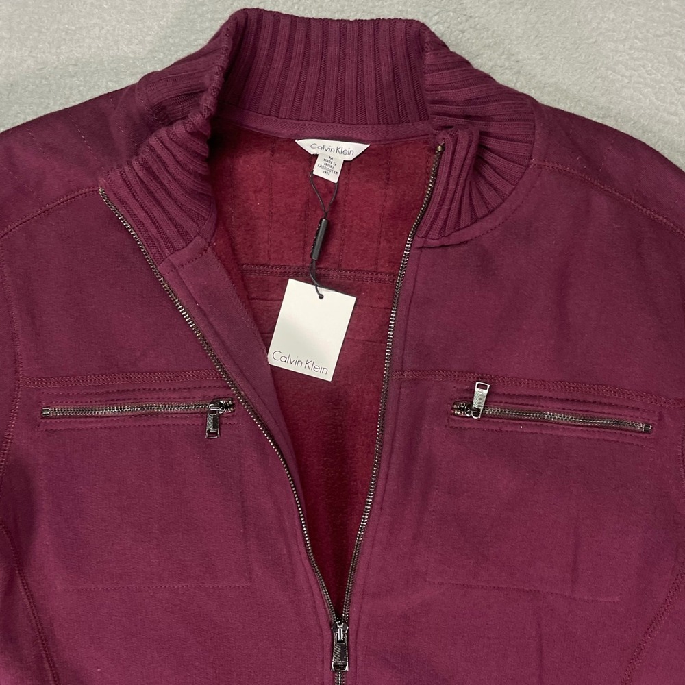 Calvin‎ Klein Bomber Jacket Womens Medium Burgundy Full Zip Rib Knit NWT - Picture 6 of 8